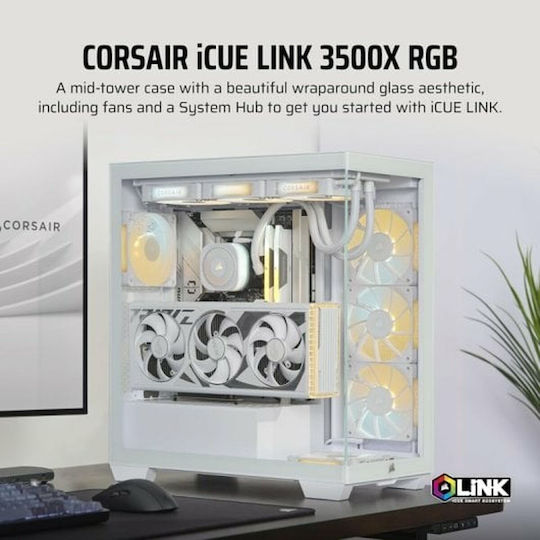 Corsair iCUE LINK 3500X Gaming Midi Tower Κουτί Υπολογιστή με Πλαϊνό Παράθυρο και RGB Φωτισμό Λευκό