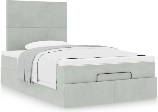 Pat Semidublu Tapițat cu Material Gri Deschis cu Plăci și Saltea 120x190cm