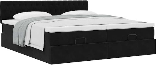 King Size Upholstered Fabric Bed Black with Storage Space Slats & Mattress 200x200cm