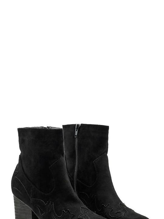 Black Western Suede Ankle Boots with Chunky Heel