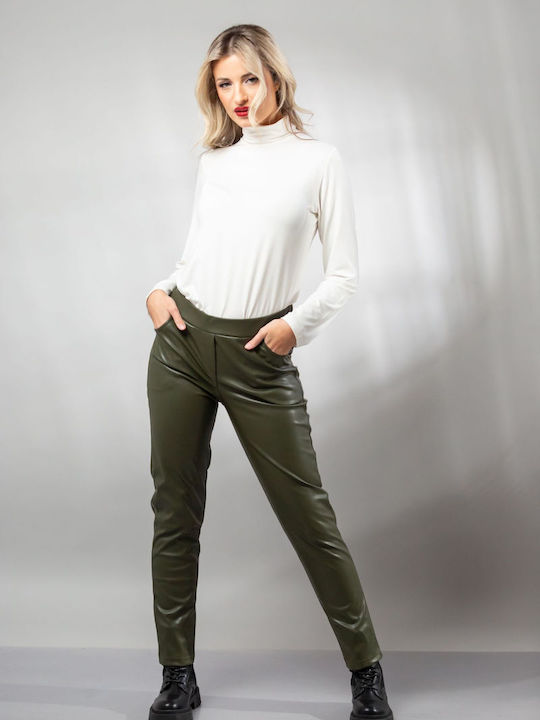 Boutique Damen Leder Hose in Schlanker Passform Khaki