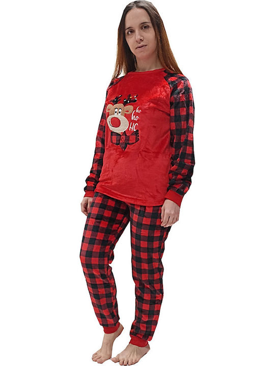 Join Χειμερινό Γυναικείο Σετ Πιτζάμας Fleece Κόκκινο