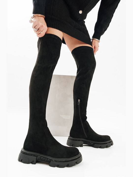 Black Over Knee Boots with Lug Sole