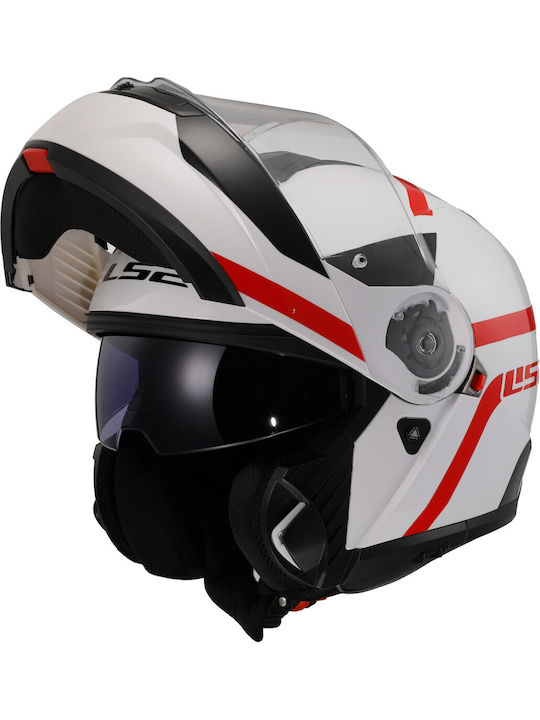 LS2 Strobe II Autox White Red Motorcycle Helmet Flip-Up ECE 22.06 1580gr with Sunvisor