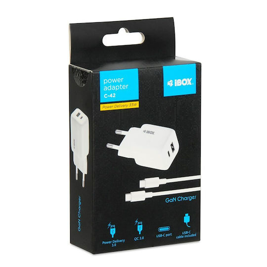 iBox Charger GaN with USB-A Port and USB-C Port and Cable USB-C - USB-C 33W Power Delivery / Quick Charge 3.0 Whites (C-42)