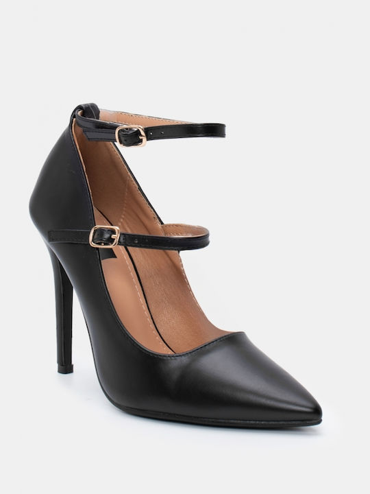 Luigi Pointed Toe Black Heels with Strap