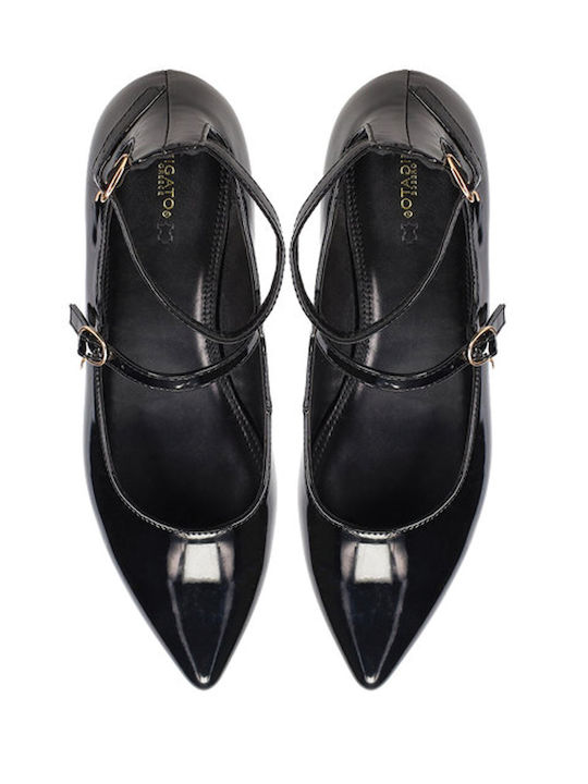 Damen Ballerinas Spitz zulaufend aus Lackleder mit Riemen Schwarze