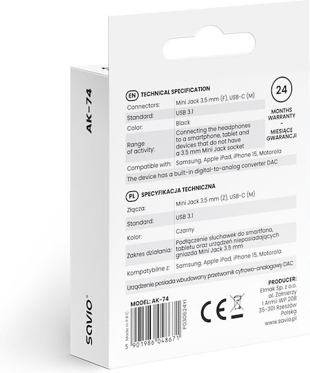 Savio Μετατροπέας USB-C male σε 3.5mm female