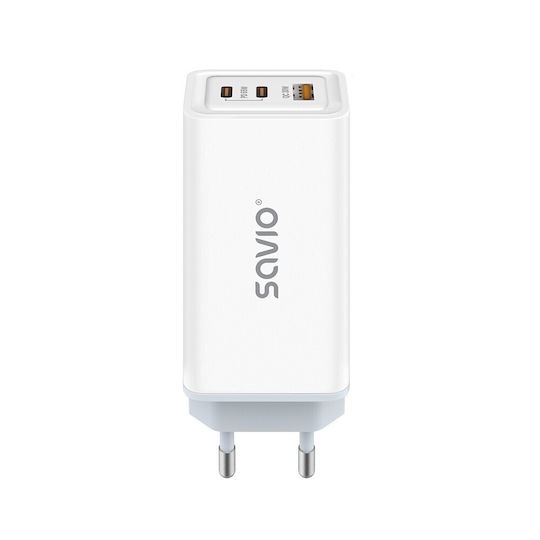Savio GaN с USB-A порт и 2 USB-C порта и кабел USB-C - USB-C 65W Power Delivery / Quick Charge 3.0 Бял (LA-07)