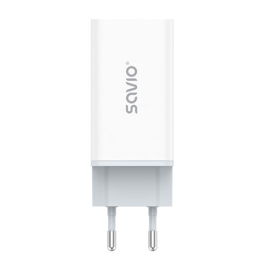 Savio GaN с USB-A порт и 2 USB-C порта и кабел USB-C - USB-C 65W Power Delivery / Quick Charge 3.0 Бял (LA-07)