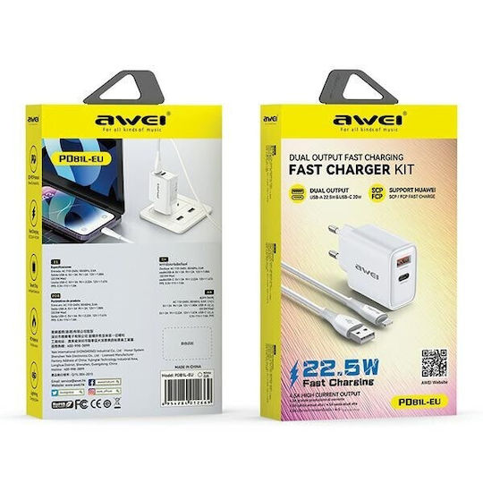Awei Charger with USB-A Port and USB-C Port and Cable Lightning 22.5W Power Delivery Whites (PD81C)
