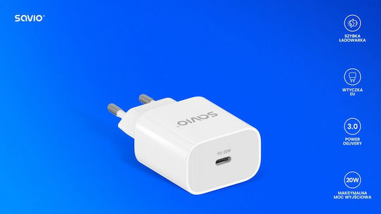 Savio Зарядно без кабел с USB-C порт 20W Power Delivery Бял (LA-09)
