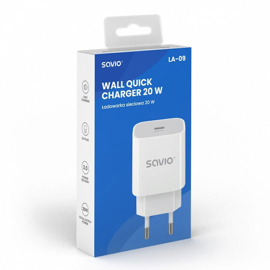 Savio Зарядно без кабел с USB-C порт 20W Power Delivery Бял (LA-09)