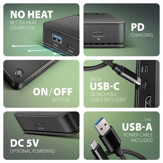 Axagon USB-C Dockingstation für Laptops mit HDMI/DisplayPort 4K PowerDelivery Ethernet und Verbindung für 2 Monitore Schwarz
