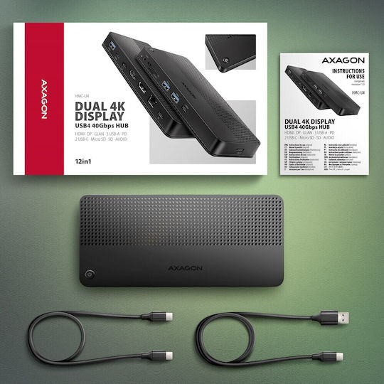 Axagon USB-C Dockingstation für Laptops mit HDMI/DisplayPort 4K PowerDelivery Ethernet und Verbindung für 2 Monitore Schwarz