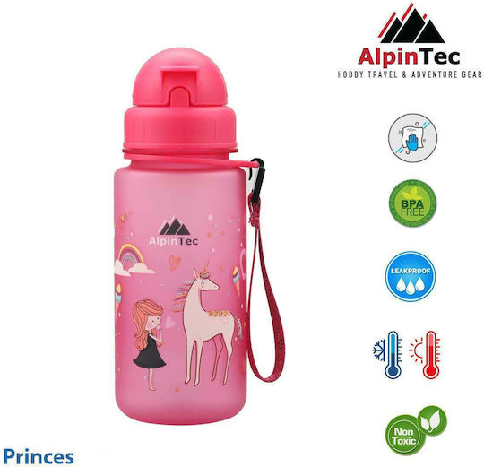 AlpinPro Kids Water Bottle Plastic with Straw Non Spill Pink 400ml