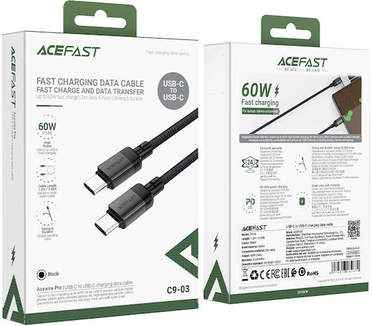 Acefast C9-03 Braided USB 2.0 Cable USB-C male - USB-C 60W Black 1.2m