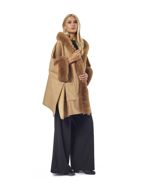 Verde Women's Cape with Hood and Fur Camel