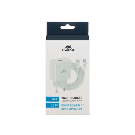 Rivacase Încărcător cu Port USB-C și Cablu USB-C 20W Livrarea energiei Albς (PS4101)