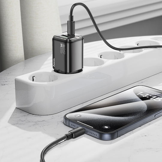 Hoco Φορτιστής GaN με Θύρα USB-A και Θύρα USB-C και Καλώδιο USB-C - Lightning 20W Power Delivery / Quick Charge 3.0 Μαύρος (N52)