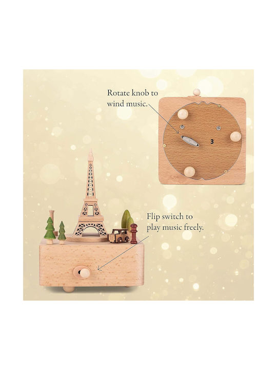 Wooden Tabletop Decorative Music Box Design Wind-up Eiffel Tower Carriage Trees Light Brown
