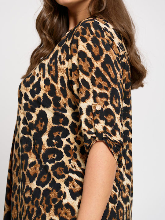 Women's Blouse Long Sleeve with V Neckline Animal Print Ecru