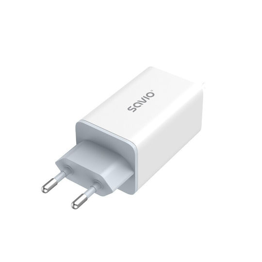 Savio GaN с USB-A порт и 2 USB-C порта и кабел USB-C 65W Power Delivery / Quick Charge 3.0 Бял (LA-07)