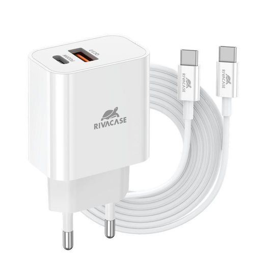 Rivacase с USB-A порт и USB-C порт и кабел USB-C - USB-C 20W Power Delivery / Quick Charge 3.0 Бял (PS4102)