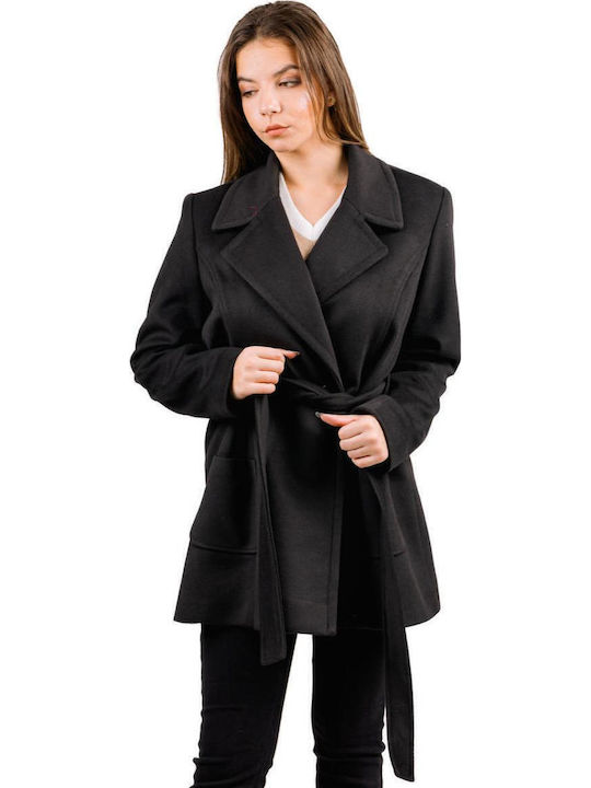 Damen black Kurzmantel mit Gürtel