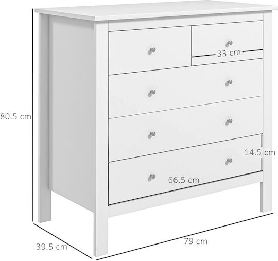 Wooden & Metallic Chest of Drawer with 5 Drawers White Wood 79x39.5x80.5cm