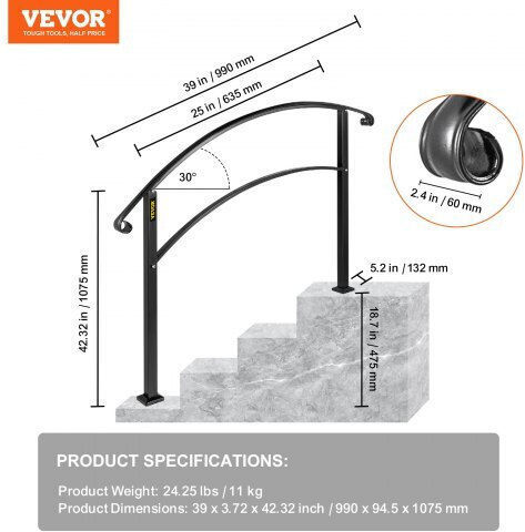 Balustradă Reglabilă din Fier Vevor 3ft pentru 3 Trepte Exterioare 3fthwtyfsblack001v0