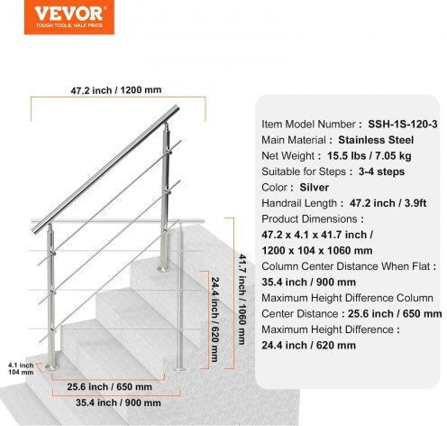 Vevor Handrails 47.2" Outdoor Steps 3 Rods Porch Deck Bxgslzfs120ccrs3ev0