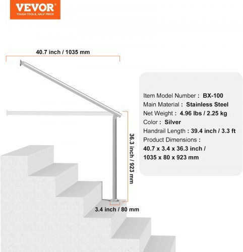 Vevor Κουπαστές Ανοξείδωτες 100cm Εξωτερικά Σκαλοπάτια 39.4in Bxgdlzfs100cgrq1iv0