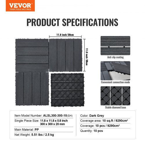 Vevor Terrassendiele für Gartenboden aus Kunststoff 30.48x30.48cm 10Stück