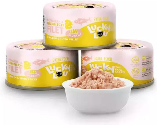 Lucky Lou Extrafood Wet Food for Cats in Cans with Tuna, Chicken, Fish, Salmon, Shrimps and Vegetables Grain-Free & Gluten-Free 70gr