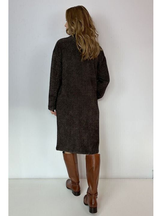 Women's Brown Peacoat with Buttons