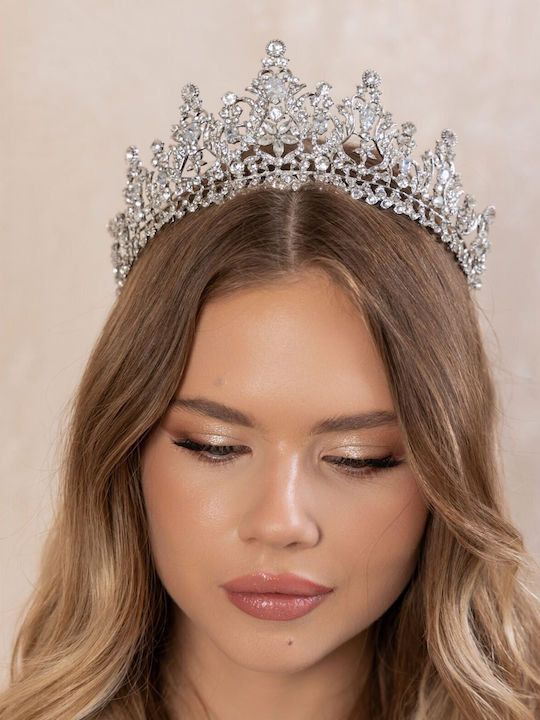 Νυφική Ψηλή Τιάρα Ζιργκόν Ασημί White Queen Tiara Ba16 Hair Duty Hrd-ba16