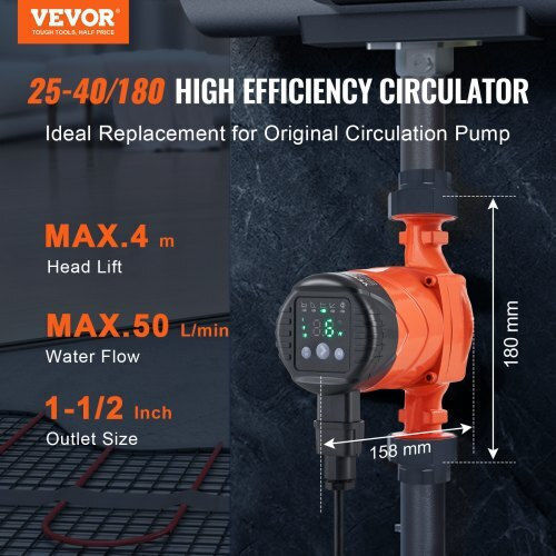 Vevor Energy Efficient Hot Water Circulation Pump ECM 220V 22W 50 L Min 4m 1-1/2" 5 Low Noise Functions Lwkjnpbb4m50zltktv2