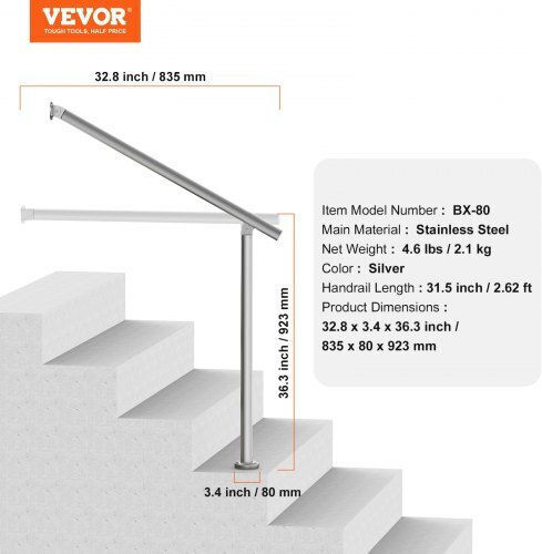 Vevor Κουπαστές 80cm Εξωτερικά Σκαλοπάτια Ανοξείδωτο Ατσάλι Bxgdlzfs80cm27a3mv0