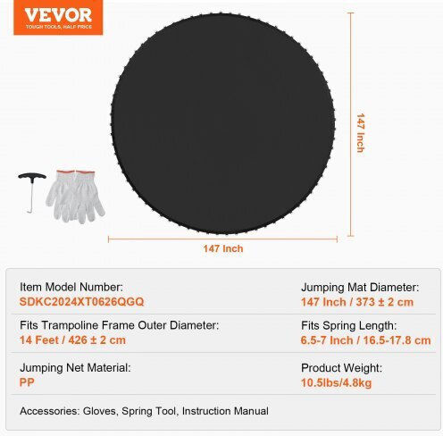 Vevor Trampoline Replacement Mat Frame 14ft 72 V-rings Springs 6.5"-7" Yxbctd14yc72x34x3v0