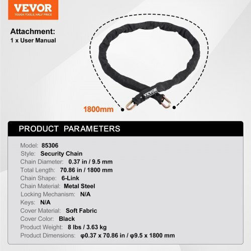 Vevor Bicycle Lock Chain 1.8m Thickness 9.5mm Black Zxclsaqlt95mudfm0v0