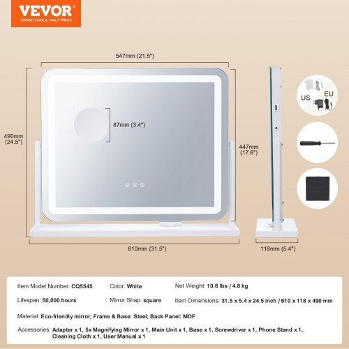 Vevor Makeup Mirror with Light 17.7x17.7cm White