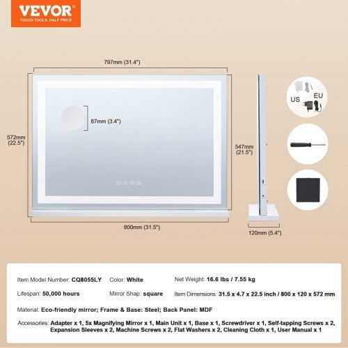 Vevor Огледало за грим Настолно със Светлина 55x55см Бял