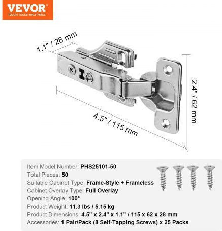 Vevor Pack of 50 Full Overlay Soft Close Cabinet Hinges Frameless Oscjjl50jkjswskkdv0