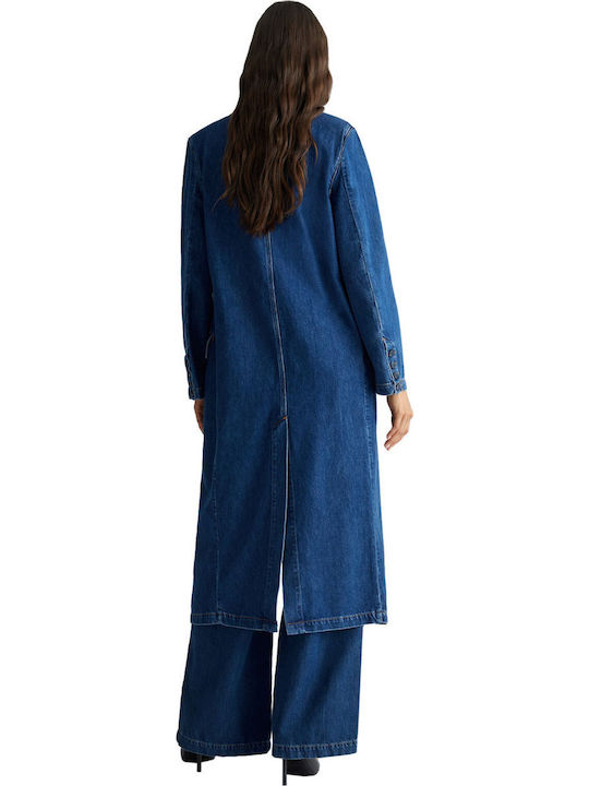 Γυναικείο Denim Blue Παλτό με Κουμπιά