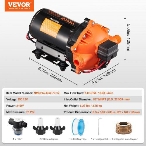 Диафрагмена помпа Vevor 12V 5GPM с 5 камери и превключвател за налягане 12VYYSB5Q50GK3DEDV9