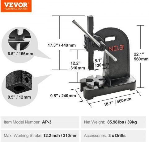 Vevor Presă De Blat Pentru Atelier cu Presiune Maximă Până La 3 Tone