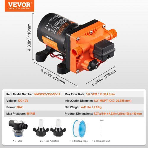 Vevor Diaphragm Pump 12v 3gpm 11.36 L Min 4-chamber Pressure Switch 12vyysb4q30gndlz6v9