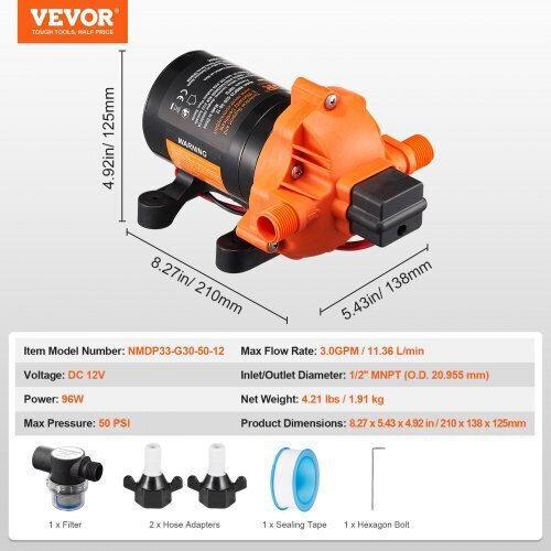 Vevor Αντλία Διαφράγματος 12v 3gpm 11.36 L Min 3-θάλαμοι Διακόπτη Πίεσης 12vyysb3q30gcjb2mv9