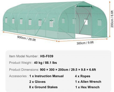 Seră tunel Vevor 29.53x9.84x6.6ft cadru galvanizat acoperire PE verde Sdxws30x10x7fty13v0
